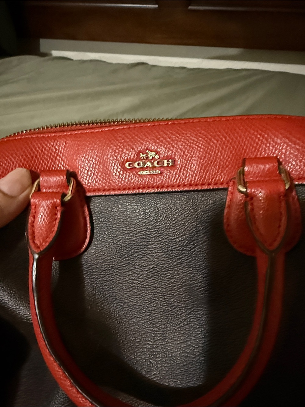 Coach Brown Signature Satchel with Red Trim and Handles - Picture 4 of 5